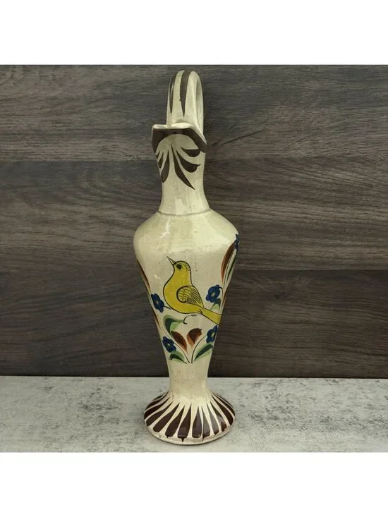 Vintage Tonala Mexico Hand Painted Yellow Bird Handled Ewer Pitcher Ceramic 12" - Picture 2 of 12
